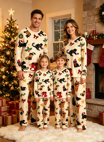 Christmas Black Cat & Holly Garland Print Matching Family Pajama Set, Long Sleeve Henley Cotton Loungewear