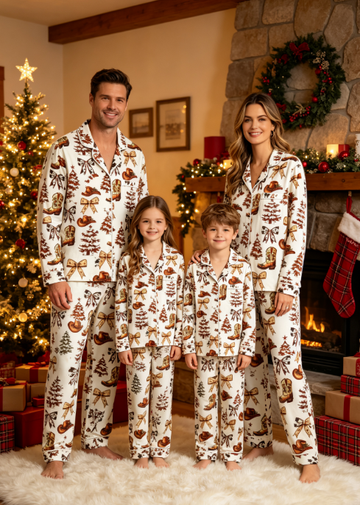 Western Cowboy Boot & Christmas Tree Matching Couples Pajama Set, Button-Down Cotton Loungewear