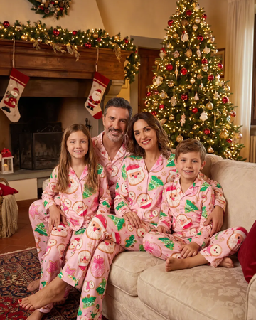 Christmas Santa Cookie & Pink Snowman Matching Couples Pajama Set, Button-Down Cotton Loungewear