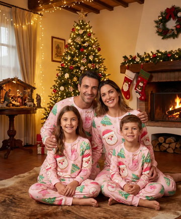 Christmas Santa Cookie & Pink Snowman Print Matching Family Pajama Set, Long Sleeve Henley Cotton Loungewear