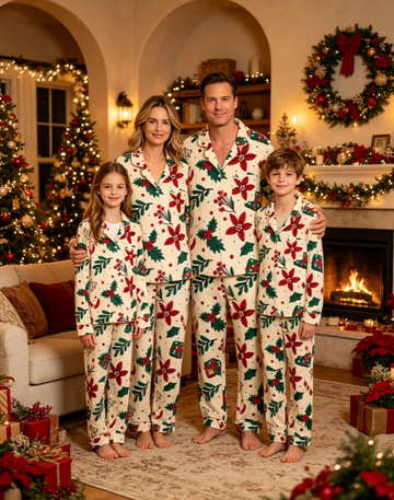 Christmas Poinsettia Floral & Holly Berry Matching Couples Pajama Set, Button-Down Cotton Loungewear