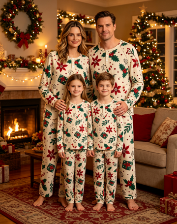 Christmas Poinsettia Floral & Holly Berry Print Matching Family Pajama Set, Long Sleeve Henley Cotton Loungewear