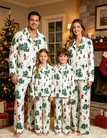 Christmas Winter Skiers & Snowy Pine Tree Print Matching Couples Pajama Set, Button-Down Cotton Loungewear