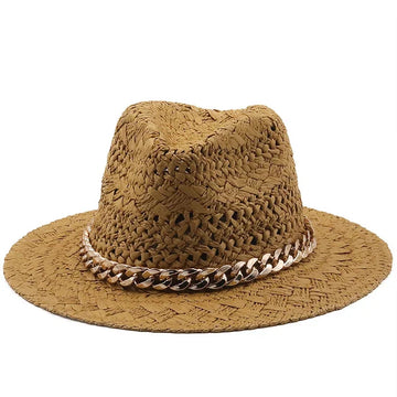 Straw Wide Brim Hat With Chain Band