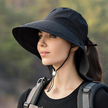 Women Sun Hats UV Protection Foldable Wide Brim Ponytail Hole Visor Hats Bucket Hats Summer Beach Fishing Hats With Neck Flap