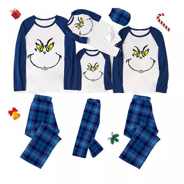 Christmas Cute Cartoon Face Print Casual Long Sleeve Sweatshirts Contrast Blue & White Top and Black and Blue Plaid Pants Family Matching Pajamas Sets