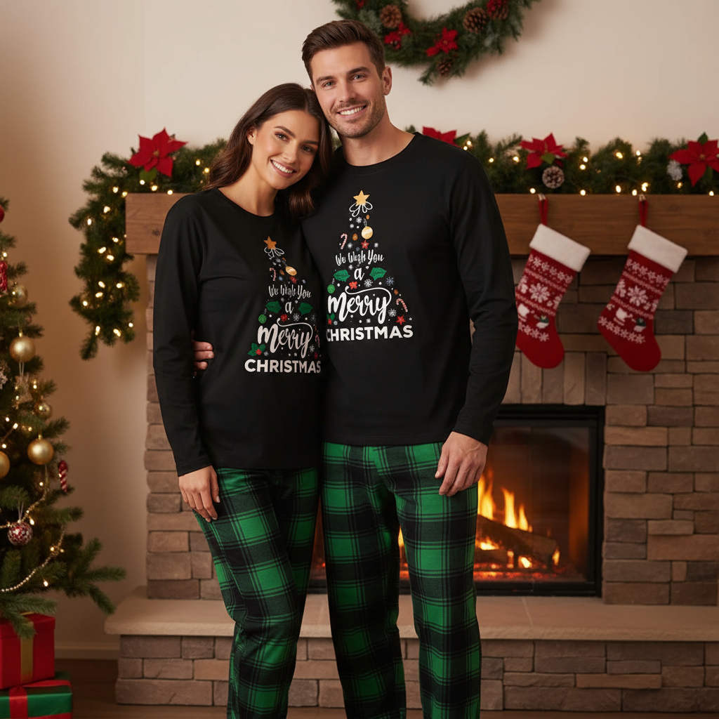 "We Wish You a Merry Christmas" Printed Pattern Black Long Sleeve Top with Black & Green Plaid Pants Couple Matching Pajamas