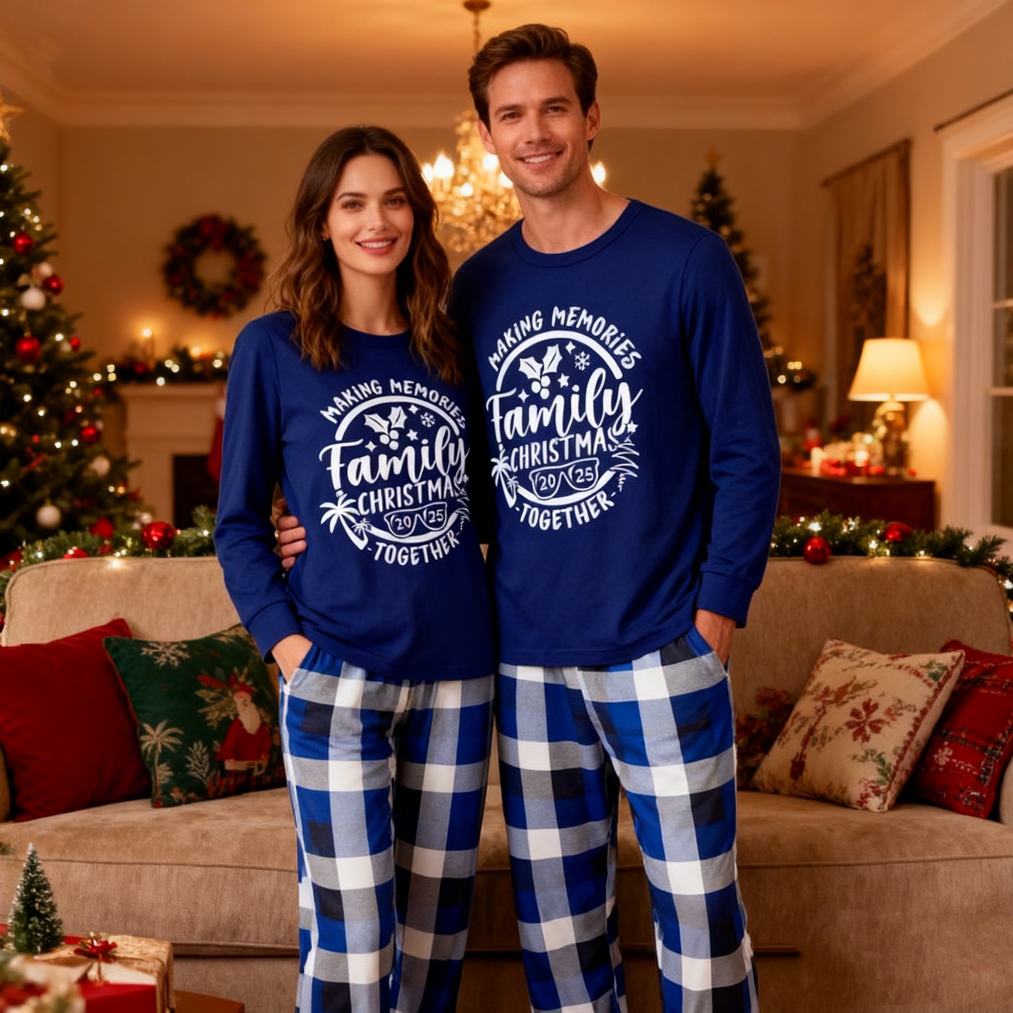 Christmas Couple Blue Plaid Pajamas With Make Memories Together 2025 Print