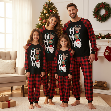 Christmas ”Ho Ho Ho“ Letter Print Santa Claus & Gingerbread & Elk Patterned Contrast Black top and Black & Red Plaid Pants Family Matching Pajamas Set With Dog Bandana