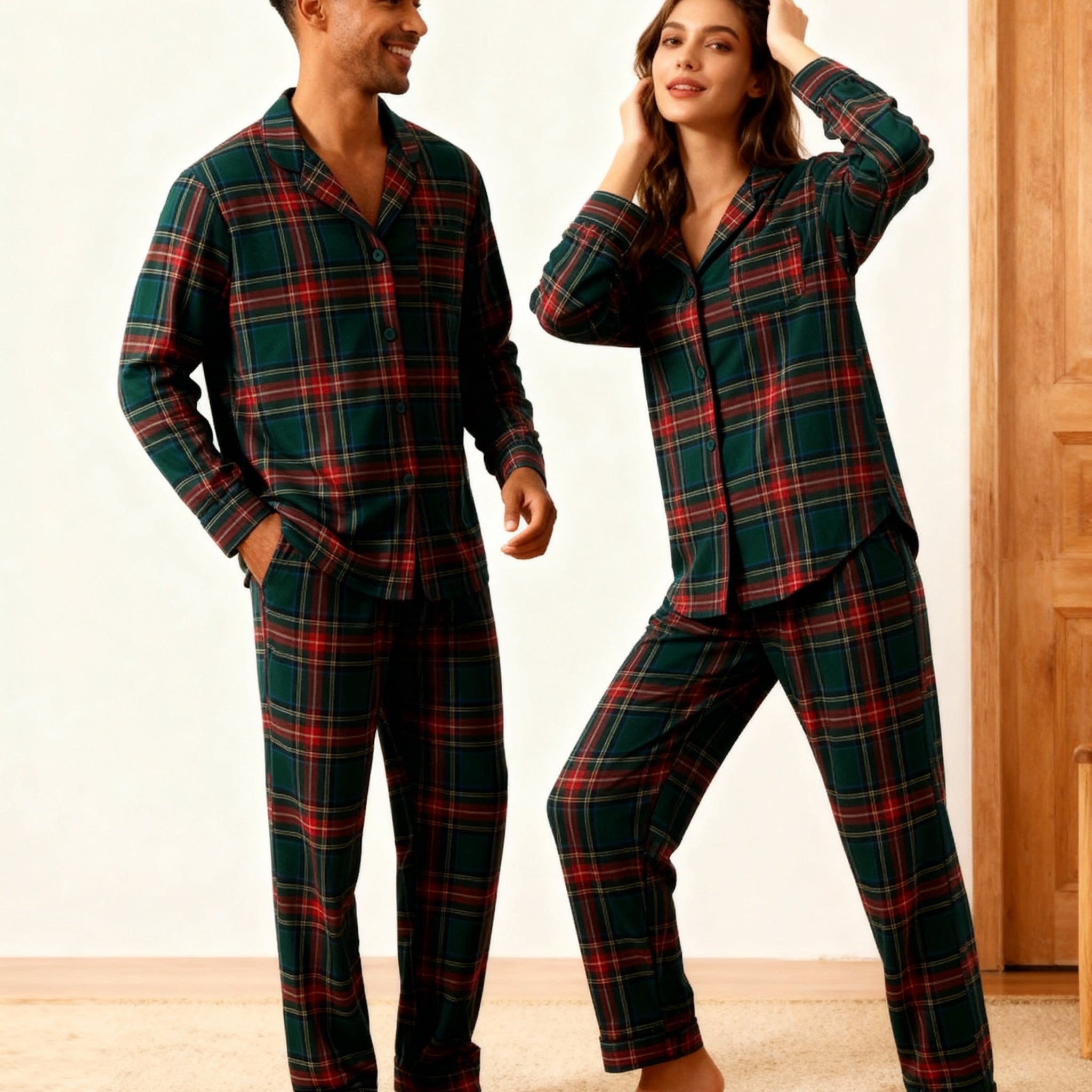 Couple Green Red Plaid Button-Front Pajamas Sets