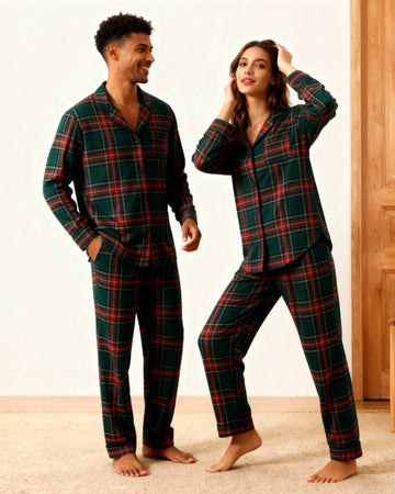 Couple Green Red Plaid Button-Front Pajamas Sets