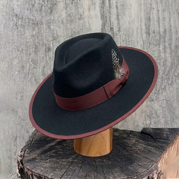 Black Felt Fedora with Burgundy Bow & Feather