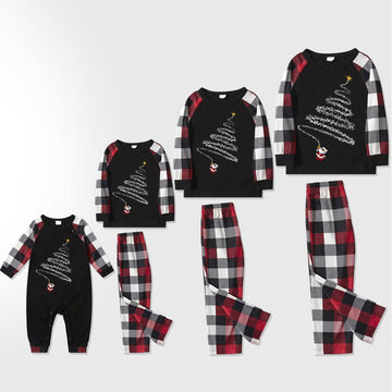 Christmas Santa Claus Print Patterned Casual Long Sleeve Sweatshirts Contrast Tops and Red & Black & White Plaid Pants Family Matching Pajamas Set With Pet Bandana