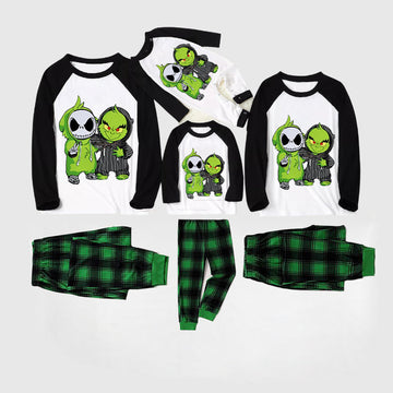 Christmas Cartoon Print Print Splice Contrast Top and Black and Green Plaid Pants Family Matching Pajamas Sets