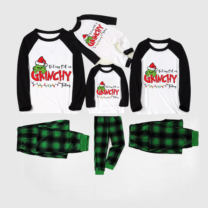 Christmas Hat Cartoon And Letter Print Splice Contrast Top and Black and Green Plaid Pants Family Matching Pajamas Sets