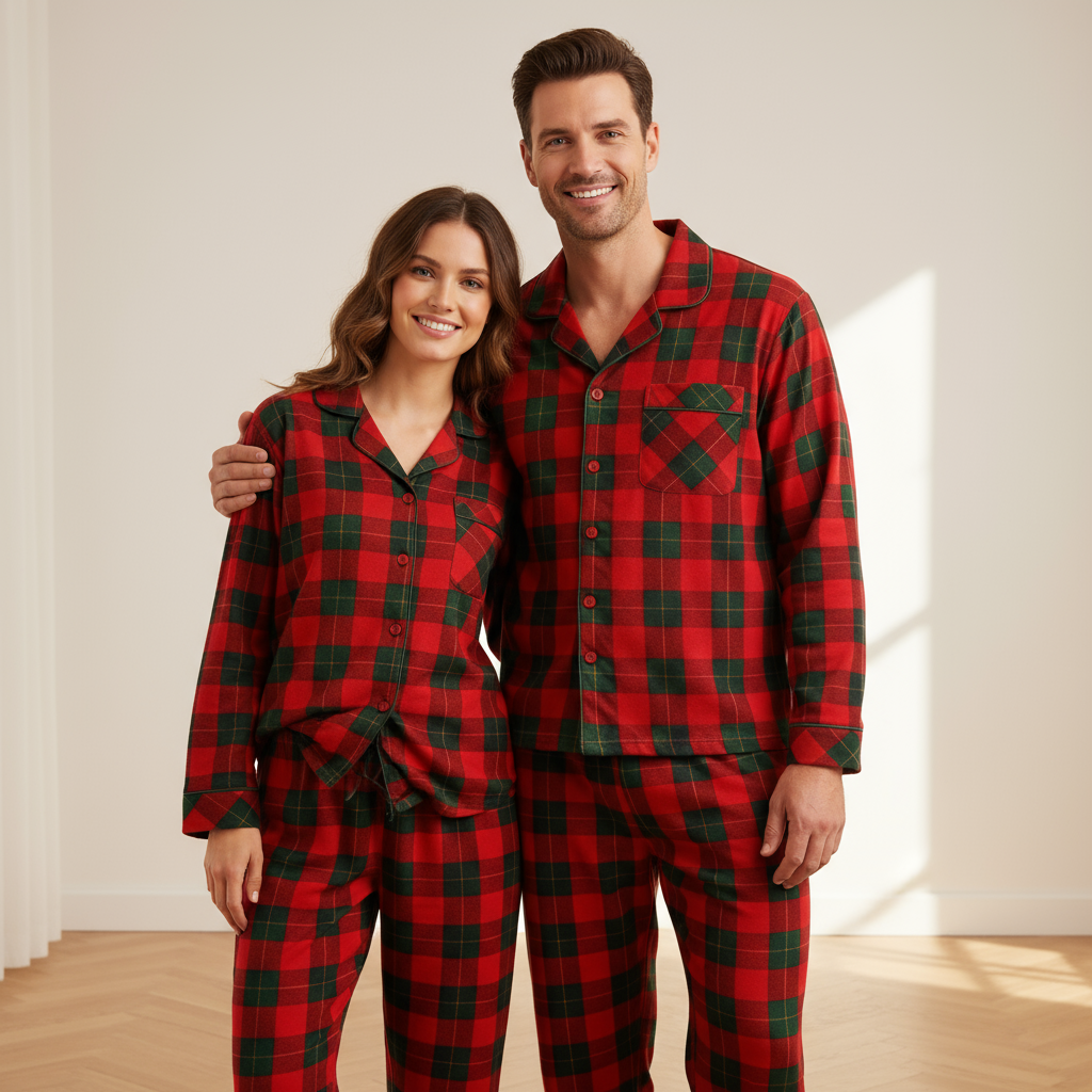 Christmas Couple Matching Red and Green Plaid Button Up Long-sleeve Pajamas Sets