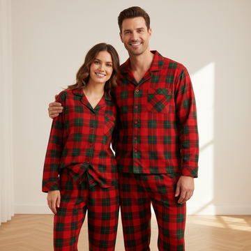 Christmas Couple Matching Red and Green Plaid Button Up Long-sleeve Pajamas Sets