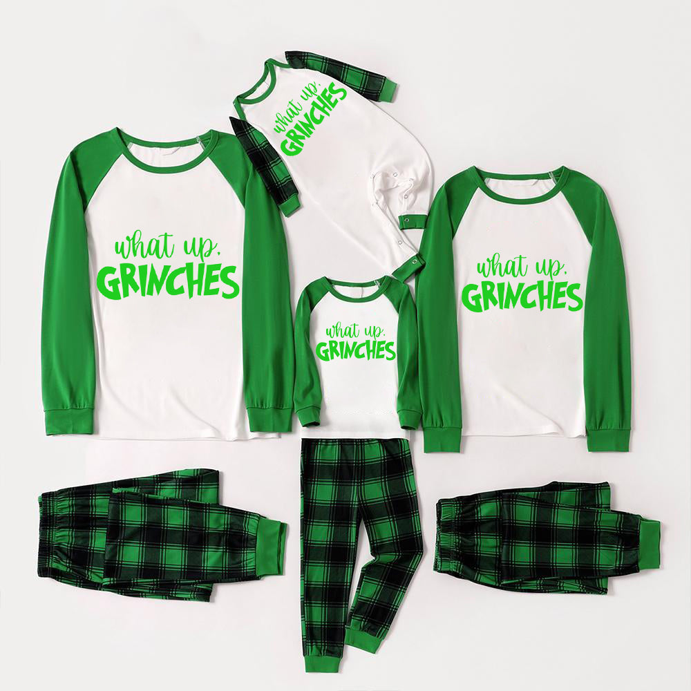 Christmas Cute Cartoon Face and 'What Up' Letter Print Casual Long Sleeve Sweatshirts Green Contrast Tops and Black and Green Plaid Pants  Family Matching Raglan Long-sleeve Pajamas Sets