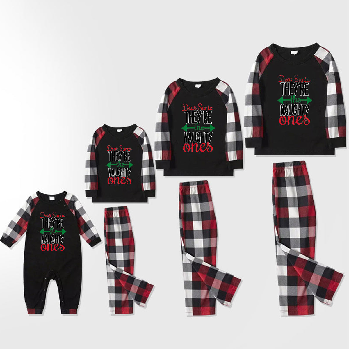 'Dear Santa They Are The Naughty One' Letter Print Casual Long Sleeve Sweatshirts Contrast Tops and Red & Black & White Plaid Pants Family Matching Pajamas Set With Dog Bandana