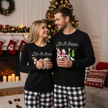 Couple Black and White Plaid Christmas Pajamas Set with Santa Claus and Cartoon Pattern Print