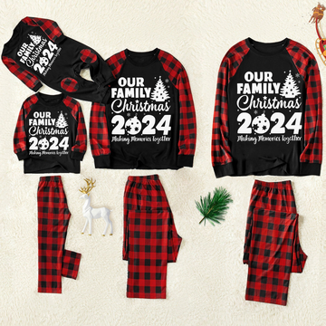 Christmas Tree & "2024 Making Memories Together" Patterned Contrast top and Black & Red Plaid Pants Family Matching Pajamas Set