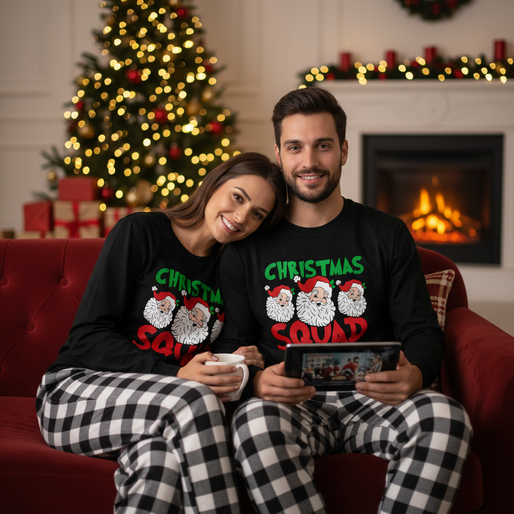 Couple Black and White Plaid Pajamas "Santa Squad" and Santa Claus Print