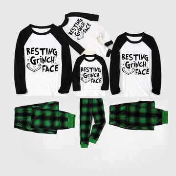 Christmas Cute Cartoon Face and Letter Print Casual Long Sleeve Sweatshirts Black Contrast Top and Black and Green Plaid Pants Family Matching Pajamas Sets