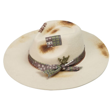 Hand-Burned Edgy Felt Hat – Neutral Tone, Mixed Media Band