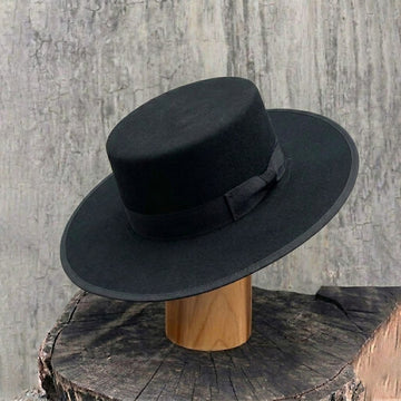 Black Round Flat Top Felt Hat with Bow