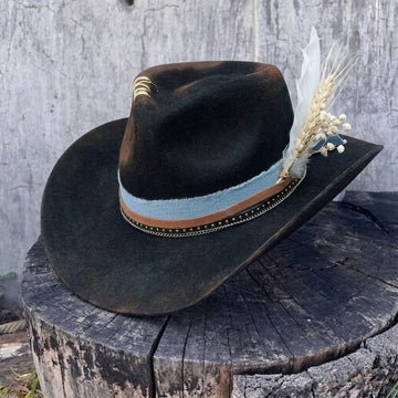 Black Rolled Brim Felt Hat with Denim & Dried Flowers