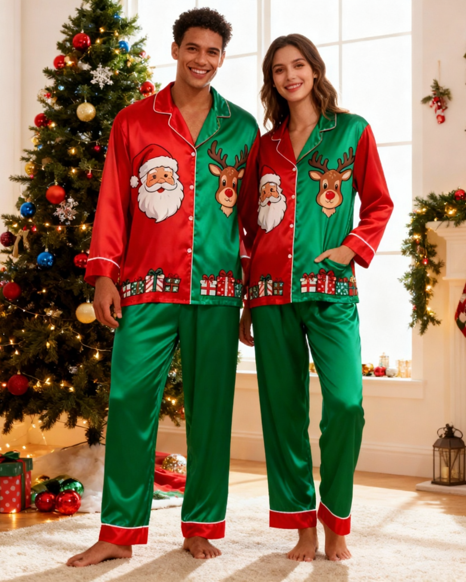 Holiday Couple Santa Claus Button-Up Satin Christmas Pajamas Set