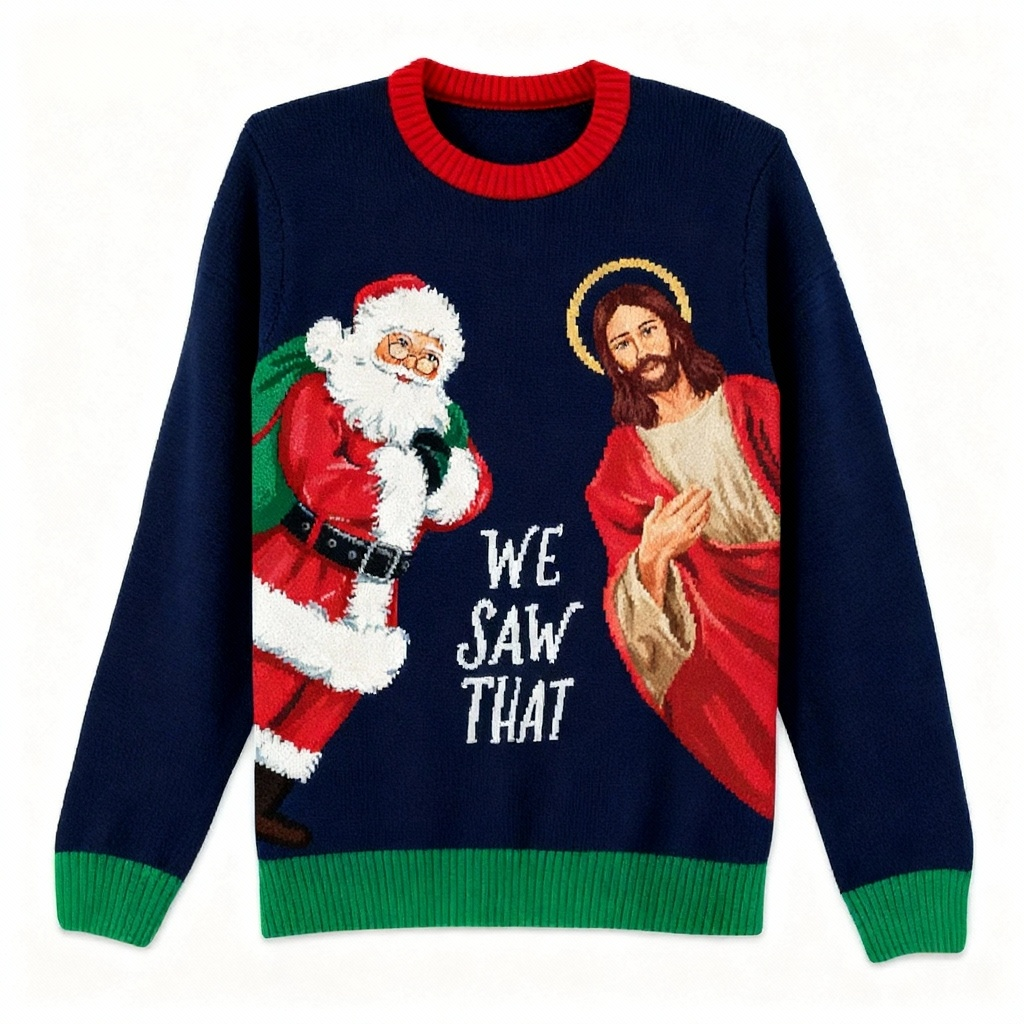 Santa & Jesus Print Holiday Sweater - Intentional Festive Quirk