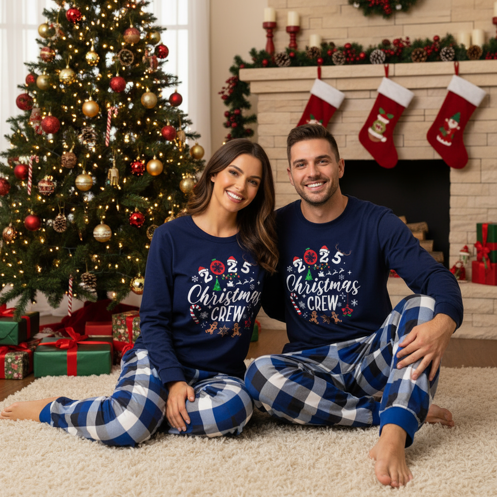 Couple Matching Pajamas With "2025 Christmas Crew" Text and Christmas Pattern Printed