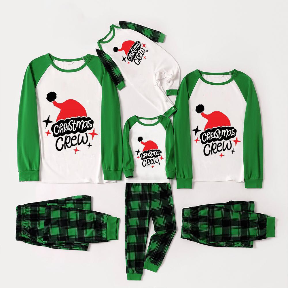 Family Look Pajamas "Christmas crew" letter print, Christmas pajamas, patchwork tops and green plaid pants