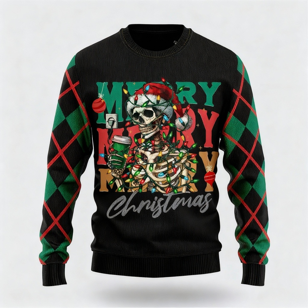 Colorful Skull Print - Maximalist Christmas Print Ugly Sweater