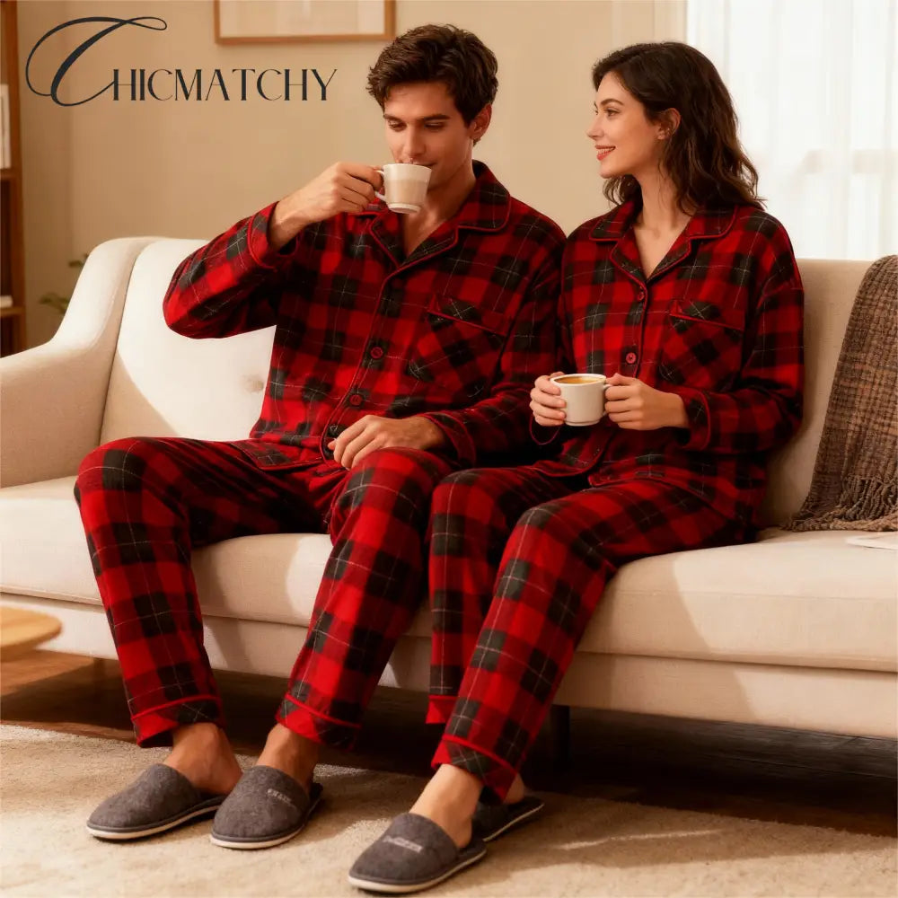 Christmas Family Matching Red and Green Plaid Button Up Long-sleeve Pajamas Sets - Christmas