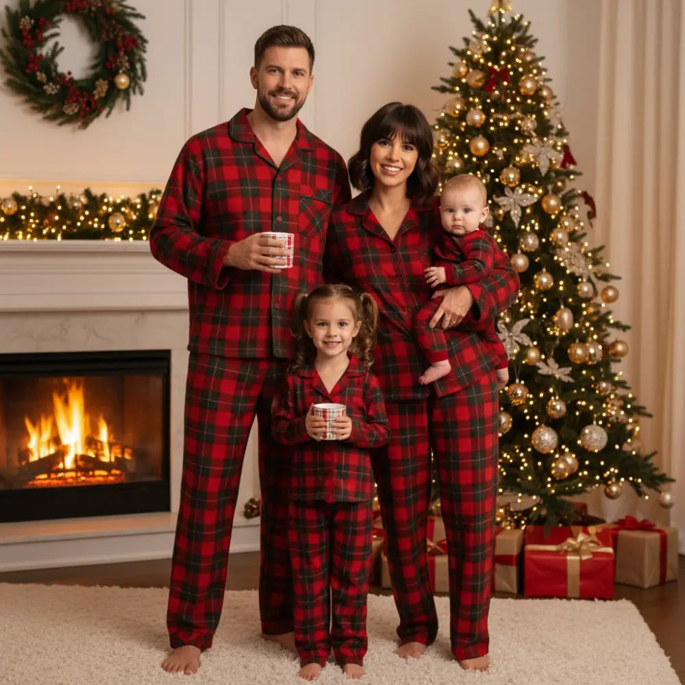 Christmas Family Matching Red and Green Plaid Button Up Long-sleeve Pajamas Sets - Kids*2-3Y - Christmas