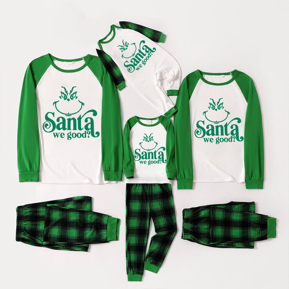 Christmas Cute Cartoon Face and "Santa We Good?" Letter Print Casual Long Sleeve Sweatshirts Green Tops Family Matching Raglan Long-sleeve Pajamas Sets