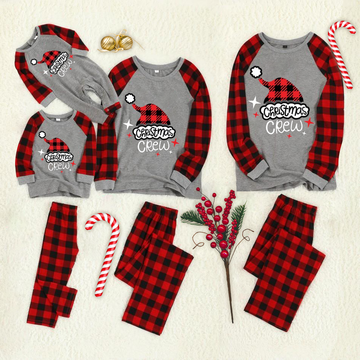 Christmas Hat "Christmas Crew" Letter Print Contrast top and Plaid Pants Family Matching Pajamas Set With Dog Bandana