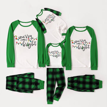 Christmas Cute Cartoon Bulb Print and 'Merry and Light’ Letter Print Casual Long Sleeve Sweatshirts Green Contrast Tops and Black and Green Plaid Pants  Family Matching Raglan Long-sleeve Pajamas Sets