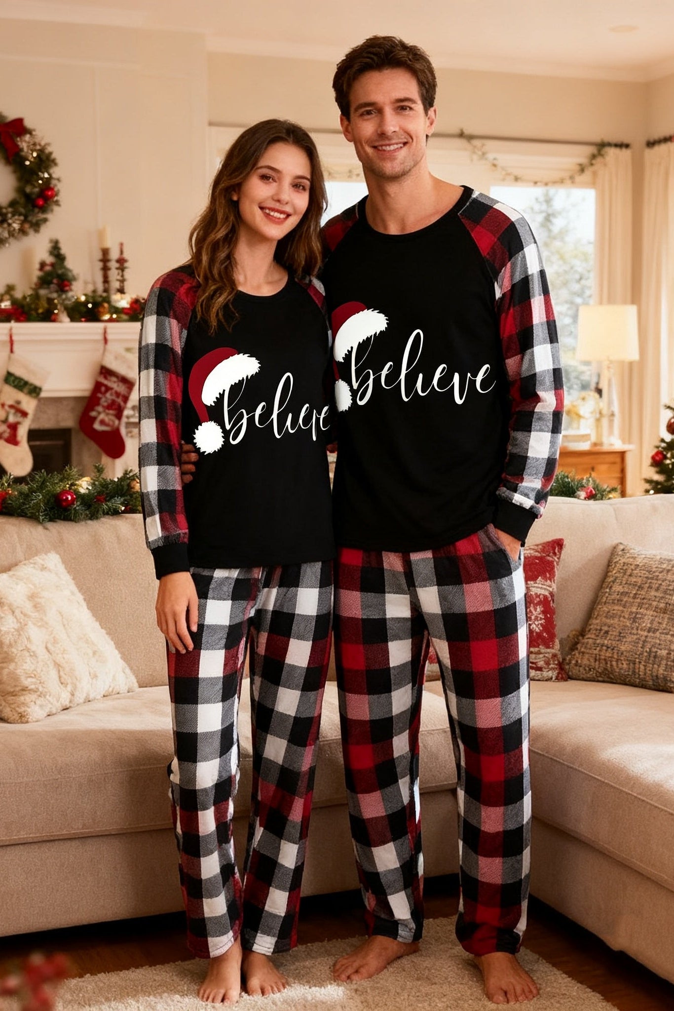 Couple Red & Black & White Plaid Pajamas Set With Christmas Hat and ‘Believe“ Letter Print