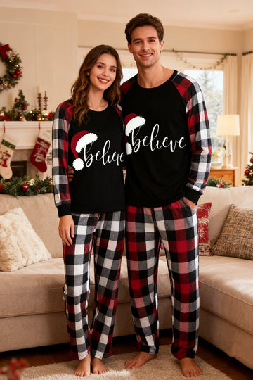 Couple Red & Black & White Plaid Pajamas Set With Christmas Hat and ‘Believe“ Letter Print