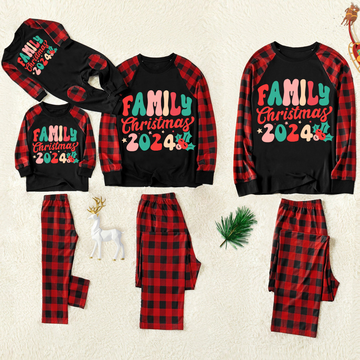 Christmas Family Christmas 2024 Letter Print Patterned Contrast Black top and Black & Red Plaid Pants Family Matching Pajamas Set