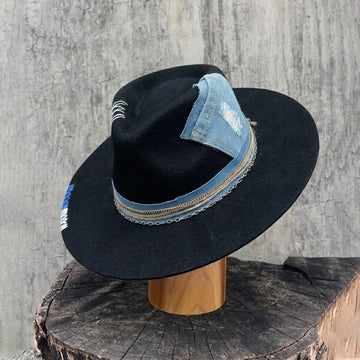 Teardrop Fedora - Black with Denim Stitching