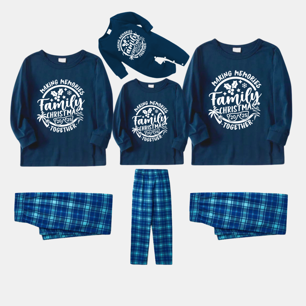 Christmas Make Memories Together 2025 Print Blue Long Sleeve Top With Blue Plaid Family Matching Pajamas