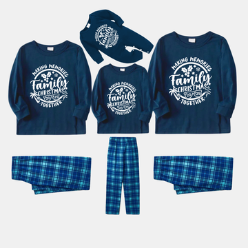 Christmas Make Memories Together 2025 Print Blue Long Sleeve Top With Blue Plaid Family Matching Pajamas