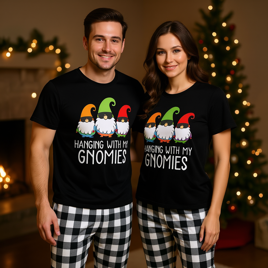 Couple Short Sleeve Pajamas With Hanging With My Gnomies Printed