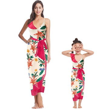 Mother-Daughter Red Flower Print Matching One-Piece Swimsuit with Skirt Set