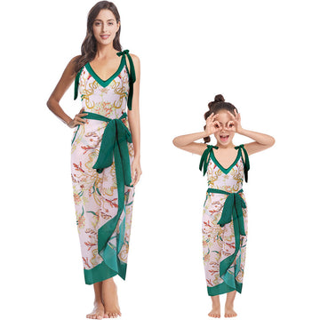 Mother-Daughter Green Matching One-Piece Swimsuit with Skirt Set