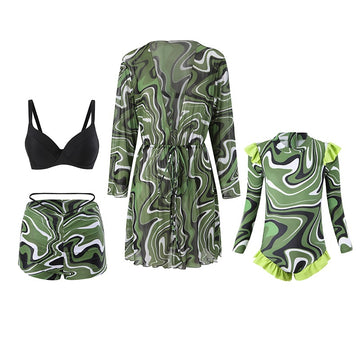 Mother and Daughter Wavy Print Matching Swimwear Bikini Set with Cover-Up